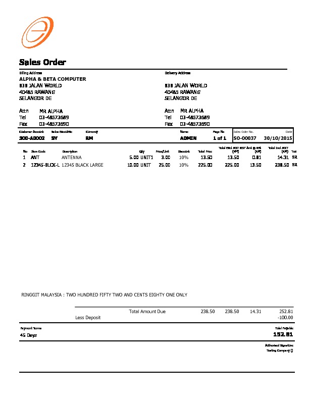 Sales Order 1 GST Deposit